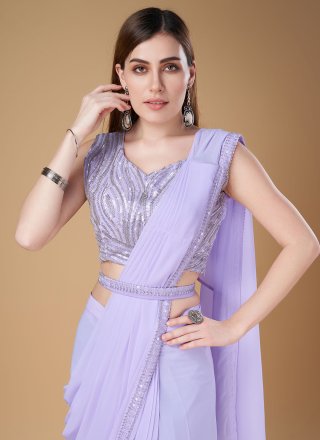 Patch Border, Embroidered and Sequins Work Georgette Classic Sari In Lavender