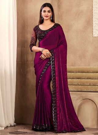 Patch Border, Embroidered and Sequins Work Silk Classic Sari In Wine for Engagement