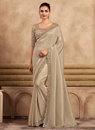 Patch Border, Embroidered and Sequins Work Silk Trendy Saree In Beige for Engagement
