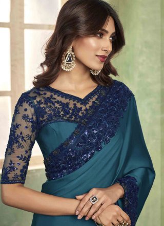 Patch Border, Embroidered and Sequins Work Silk Trendy Saree In Teal