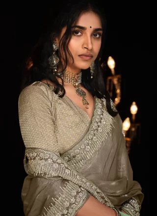 Patch Border, Embroidered and Sequins Work Tussar Silk Designer Sari In Beige