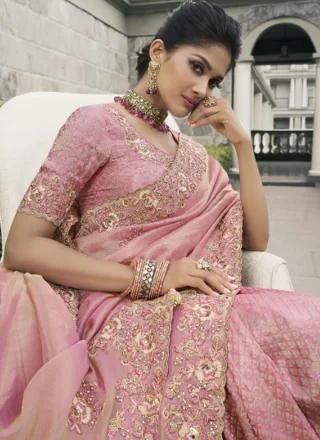 Patch Border, Embroidered, Moti, Stone, Weaving and Zari Work Tussar Silk Contemporary Sari In Pink