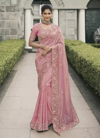 Patch Border, Embroidered, Moti, Stone, Weaving and Zari Work Tussar Silk Contemporary Sari In Pink