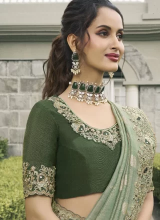Patch Border, Embroidered, Moti, Stone, Weaving and Zari Work Tussar Silk Designer Sari In Sea Green