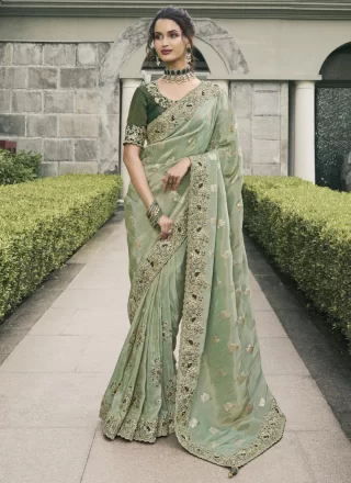 Patch Border, Embroidered, Moti, Stone, Weaving and Zari Work Tussar Silk Designer Sari In Sea Green