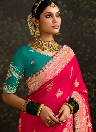 Patch Border, Embroidered, Sequins and Zari Work Pure Dola Classic Sari In Rani