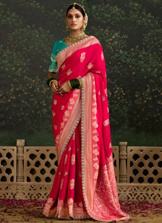 Patch Border, Embroidered, Sequins and Zari Work Pure Dola Classic Sari In Rani