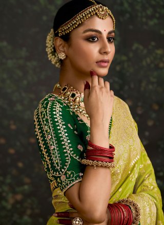 Patch Border, Embroidered, Sequins and Zari Work Pure Dola Traditional Saree In Green