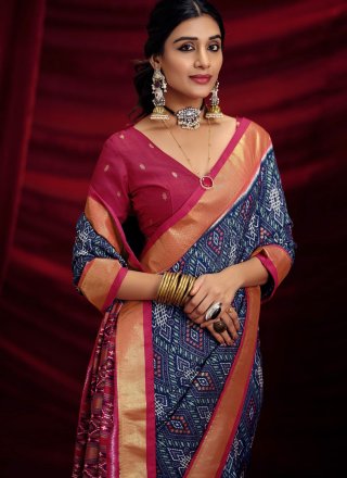 Patch Border, Print and Zari Work Silk Trendy Saree In Blue