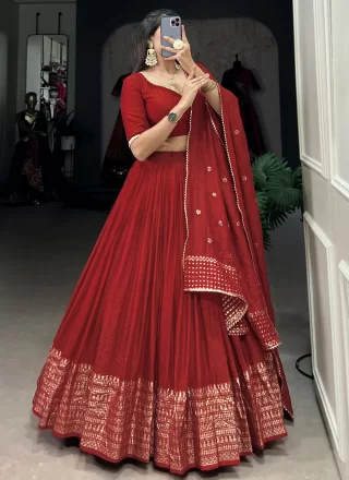 Patch Border, Weaving and Zari Work Chanderi Lehenga Choli In Red