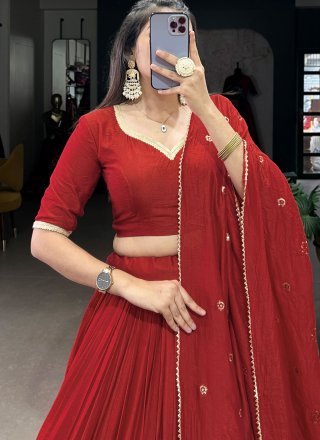 Patch Border, Weaving and Zari Work Chanderi Lehenga Choli In Red