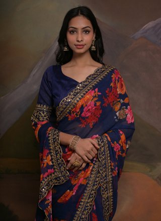 Patch Border Work Georgette Classic Sari In Blue for Casual