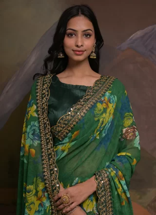 Patch Border Work Georgette Classic Sari In Green for Casual