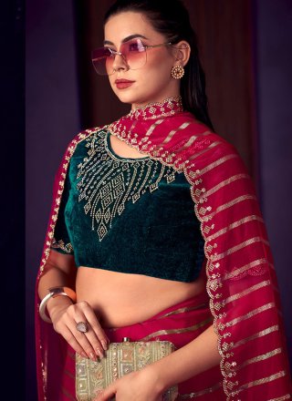 Patch Border Work Organza Classic Saree In Pink