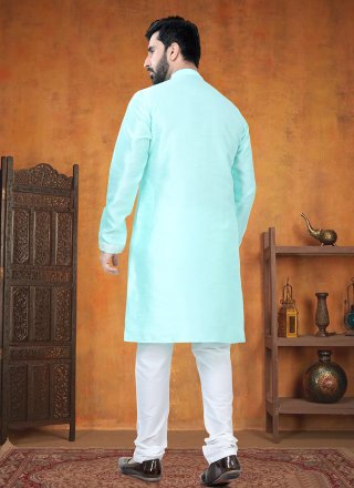 Patch Border Work Silk Kurta Pyjama In Aqua Blue