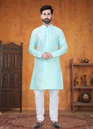 Patch Border Work Silk Kurta Pyjama In Aqua Blue