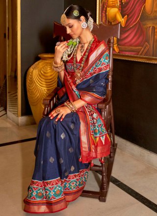 Patola Print Work Silk Designer Saree In Blue