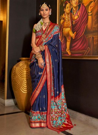 Patola Print Work Silk Designer Saree In Blue