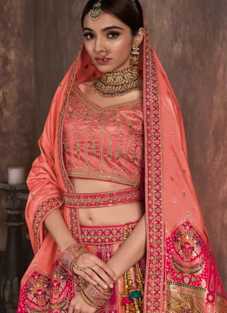 Peach and Pink Cut, Embroidered, Patch Border and Sequins Work Silk Lehenga Choli