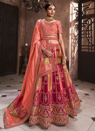 Peach and Pink Cut, Embroidered, Patch Border and Sequins Work Silk Lehenga Choli