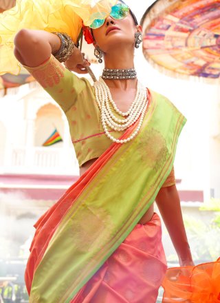 Peach and Pink Katan Silk Weaving Work Classic Saree