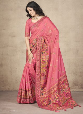 Peach and Pink Pashnima Silk Thread, Weaving and Zari Work Designer Saree for Ceremonial