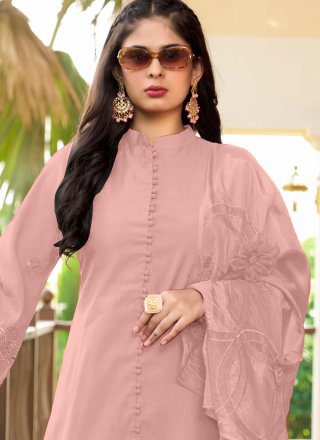 Peach and Pink Plain Work Art Silk Readymade Salwar Suit