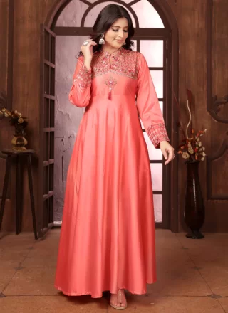 Peach and Pink Silk Designer Gown with Embroidered Work