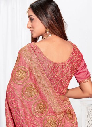 Peach and Pink Vichitra Silk Embroidered and Zari Work Designer Sari