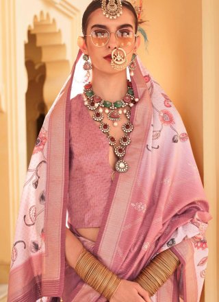 Peach and Purple Silk Foil Print Work Contemporary Saree for Ceremonial