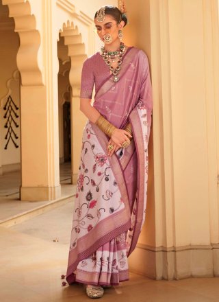 Peach and Purple Silk Foil Print Work Contemporary Saree for Ceremonial