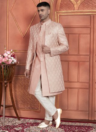 Peach Art Silk Embroidered and Hand Work Indo Western