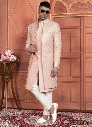 Peach Art Silk Embroidered and Hand Work Indo Western