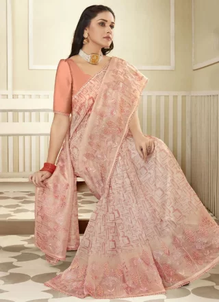 Peach Art Silk Embroidered and Sequins Work Designer Sari