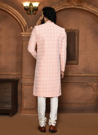 Peach Art Silk Embroidered, Hand and Resham Work Sherwani Mens Wear
