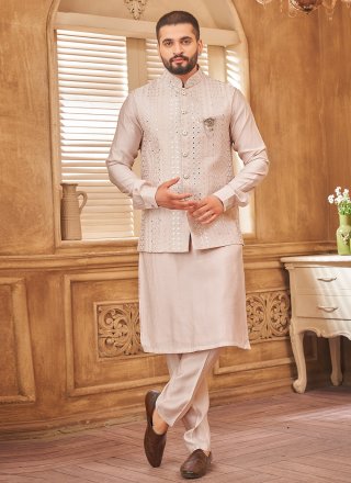 Peach Art Silk Embroidered Work Kurta Payjama with Jacket