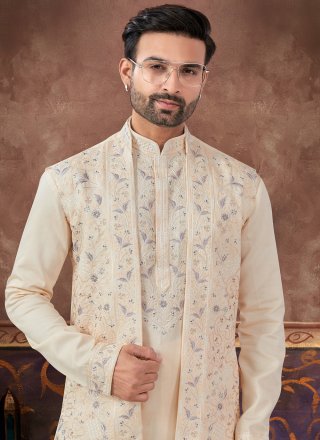 Peach Art Silk Machine Embroidery Work Kurta Payjama with Jacket for Ceremonial