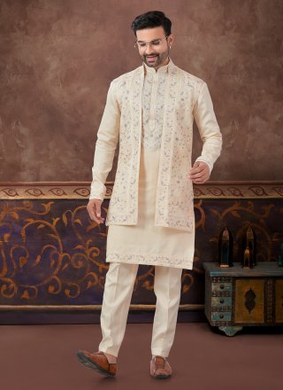 Peach Art Silk Machine Embroidery Work Kurta Payjama with Jacket for Ceremonial