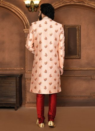 Peach Art Silk Sherwani Mens Wear with Embroidered, Hand and Resham Work for Men