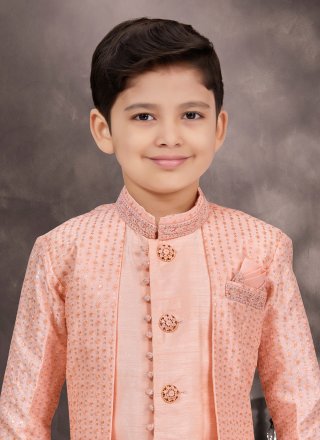 Peach Banarasi Silk Buttons, Machine Embroidery and Thread Work Sherwani Kids Wear