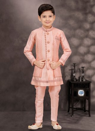 Peach Banarasi Silk Buttons, Machine Embroidery and Thread Work Sherwani Kids Wear