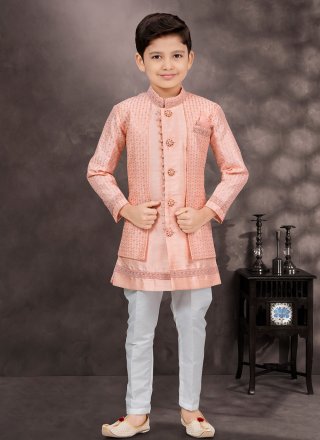 Peach Banarasi Silk Sherwani Kids Wear with Buttons, Stone and Thread Work for Festival