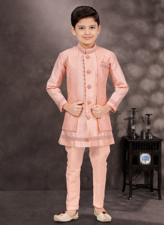 Peach Banarasi Silk Sherwani Kids Wear with Machine Embroidery, Stone and Thread Work for Kid
