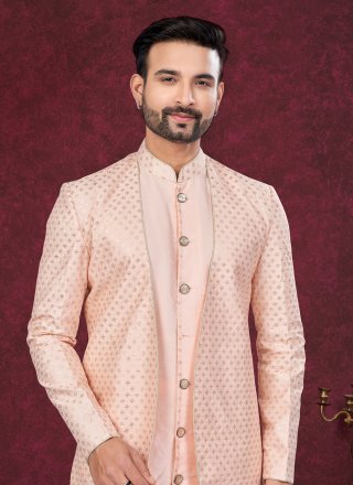 Peach Banarasi Silk Sherwani Mens Wear with Buttons, Machine Embroidery and Thread Work for Engagement