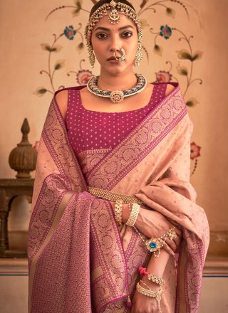 Peach Banarasi Silk Weaving Work Contemporary Saree for Ceremonial
