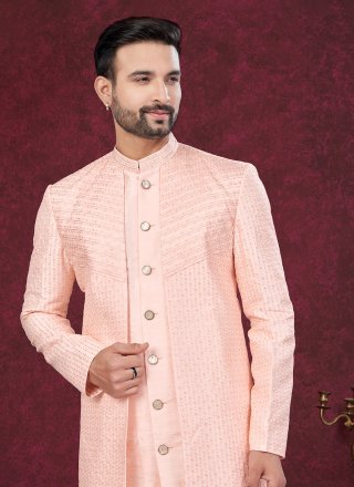 Peach Buttons, Machine Embroidery and Thread Work Banglori Silk Sherwani Mens Wear