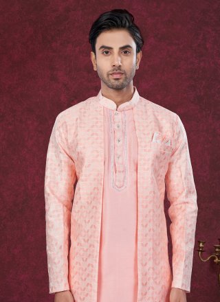 Peach Buttons, Stone and Thread Work Jacquard Sherwani Mens Wear