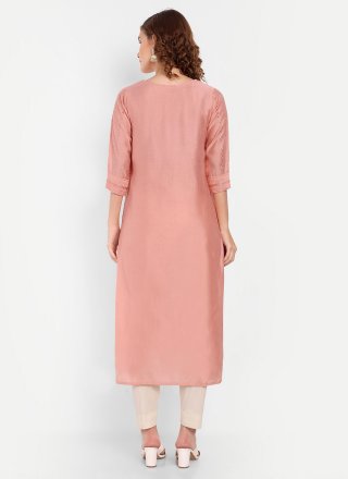 Peach Chanderi Silk Embroidered Work Casual Kurti for Ceremonial