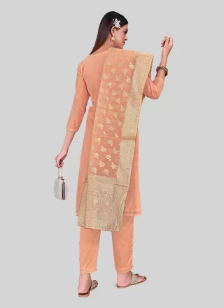Peach Chanderi Silk Embroidered Work Pant Style Suit