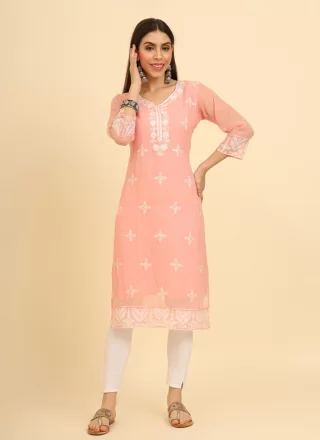 Peach Chikankari, Embroidered and Lucknowi Work Work Georgette Casual Kurti